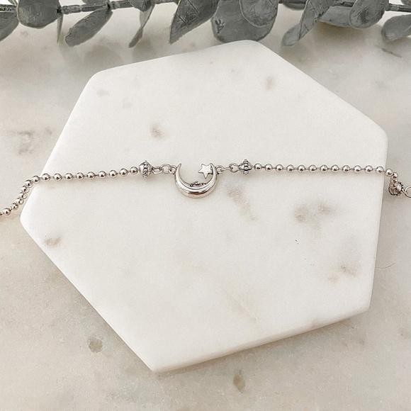 925 Sterling Silver Moon & Star Bracelet Dainty Bracelet Beaded Bracelet - Picture 2 of 4